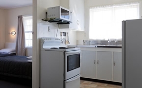 each unit has a kitchen with microwave and fridge